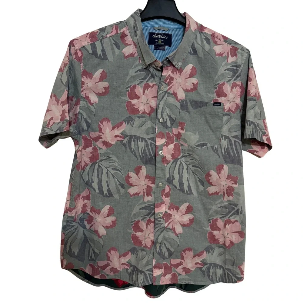 Chubbies Mens Button Down Shirt XL Floral Hawaiian Green Reverse Print Vacation
